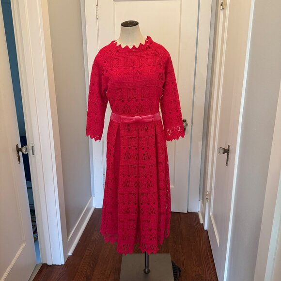 Lace Midi Dress With Velvet Bow Belt By Dainty Jewells - Womens M - Bright Pink - Picture 10 of 16